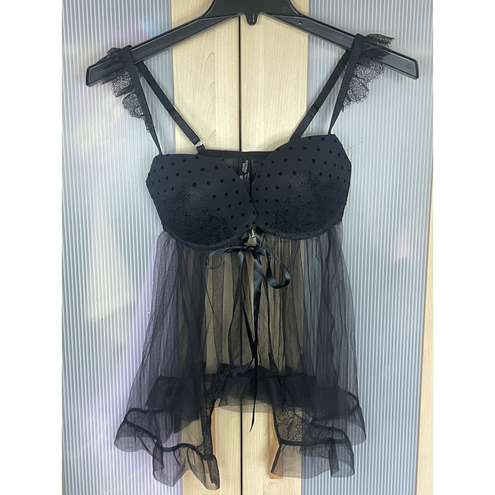Victoria's Secret Lingerie Baby Doll Nightie Black‎ Lace 36D WhimsiGoth Bra Sexy